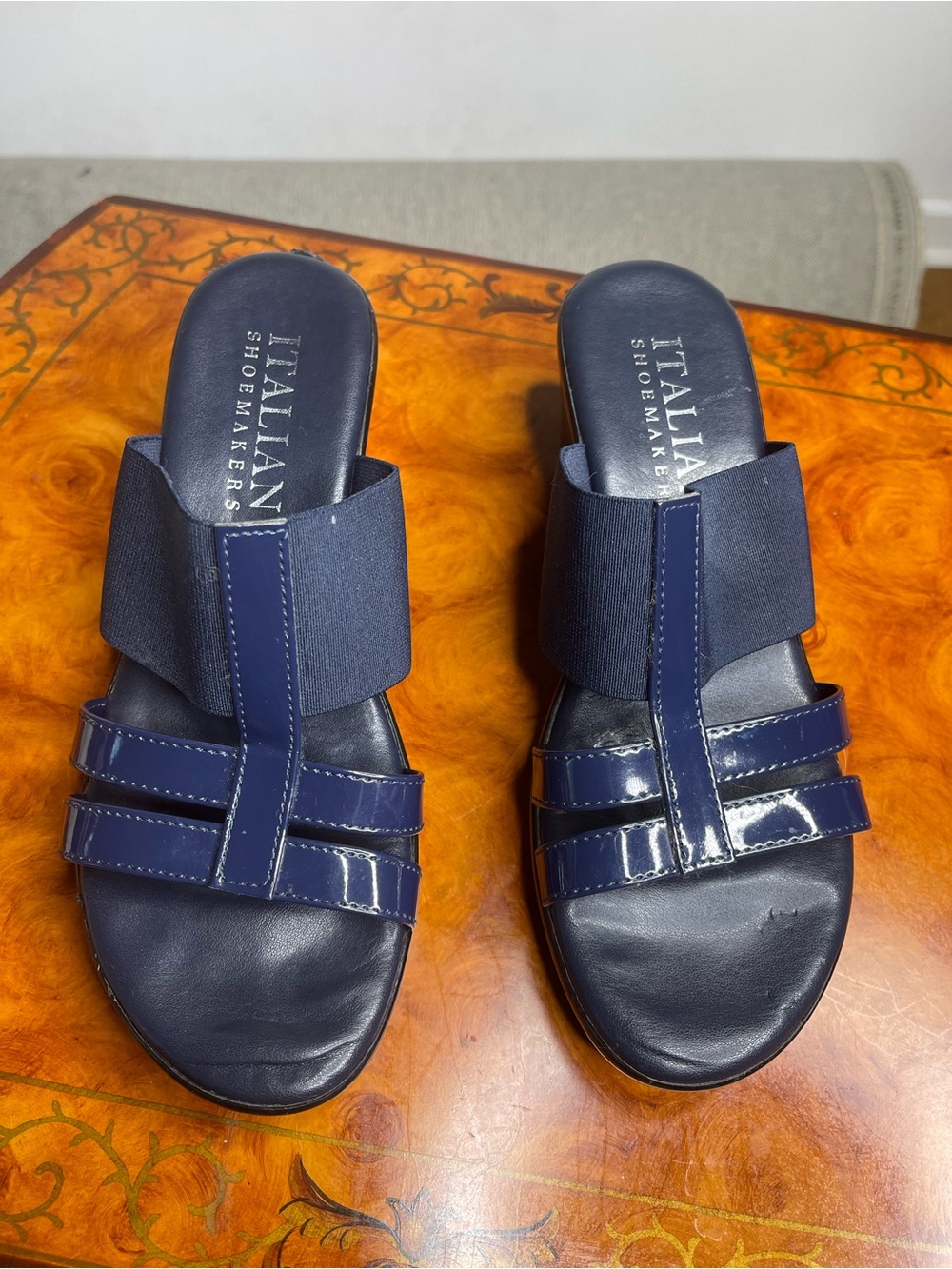 Italian Shoemakers Navy Patent Slide Sandals with Elastic Strap